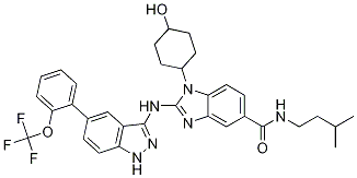 Structure of 1-(4-Hydroxycyclohexyl)-2-[[5-(2-trifluoromethoxyphenyl)-1H-indazol-3-yl]amino]-1H-benzimidazole-5-carboxylic acid (3-methylbutyl)amide