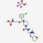 Structure of Carbamic acid, N-[2-[(R)-(3-chlorophenyl)[(3R)-1-[[[(2S)-2-(methylamino)-3-[(3R)-tetrahydro-2H-pyran-3-yl]propyl]amino]carbonyl]-3-piperidinyl]methoxy]ethyl]-, methyl ester, 2,2,2-trifluoroacetate (1:1)