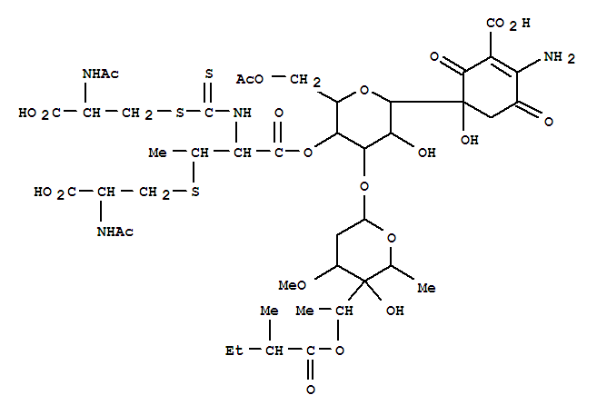 Structure of L-Cysteine, N-acetyl-,[2-[[2-(acetylamino)-2-carboxyethyl]thio]-1-carboxypropyl]carbamodithioate(ester), 4'-ester with 5-[6-O-acetyl-3-O-[2,6-dideoxy-3-O-methyl-4-C-[1-(2-methyl-1-oxobutoxy)ethyl]-a-L-lyxo-hexopyranosyl]-b-D-allopyranosyl]-2-amino-5-hydro