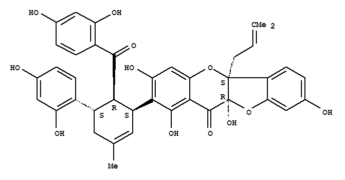 Structure of 11H-Benzofuro[3,2-b][1]benzopyran-11-one,2-[(1S,5S,6R)-6-(2,4-dihydroxybenzoyl)-5-(2,4-dihydroxyphenyl)-3-methyl-2-cyclohexen-1-yl]-5a,10a-dihydro-1,3,8,10a-tetrahydroxy-5a-(3-methyl-2-buten-1-yl)-,(5aS,10aR)-