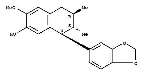 Chemical structure of (6R)-8β-(1,3-Benzodioxol-5-yl)-5,6,7,8-tetrahydro-3-methoxy-6,7α-dimethylnaphthalen-2-ol