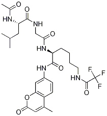 Structure of (S)-2-(2-((S)-2-acetamido-4-methylpentanamido)acetamido)-N-(4-methyl-2-oxo-2H-chromen-7-yl)-6-(2,2,2-trifluoroacetamido)hexanamide