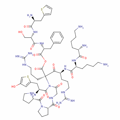 Structure of [(2R)-2-[[(2S)-2-[[(2S)-2-amino-3-thiophen-2-yl-propanoyl]amino]-3-hyd roxy-propanoyl]amino]-3-phenyl-propanoyl] (2R,4S)-4-[[(2S)-6-amino-2-[ [(2S)-2,6-diaminohexanoyl]amino]hexanoyl]amino]-2-[[(2S)-2-amino-3-(4- hydroxythiophen-2-yl)propanoyl]-[2-[[(2S)-