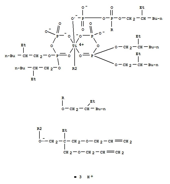 Chemical structure of Titanate(3-), P,P-bis(2-ethylhexyl) diphosphato(2-)-.kappa.ObisP,P-bis(2-ethylhexyl) diphosphato(2-)-.kappa.O,.kappa.O2,2-bis(2-propenyloxy)methyl-1-butanolato-.kappa.O-, trihydrogen
