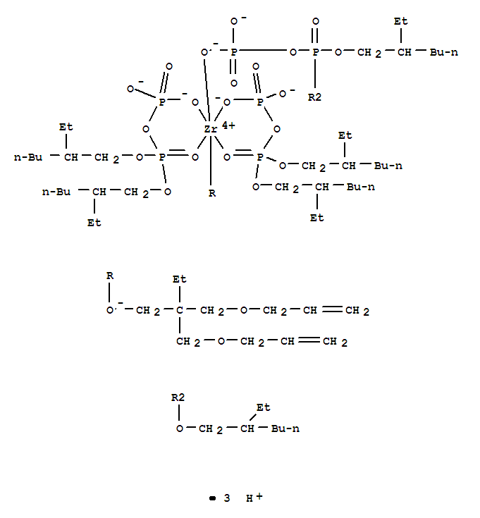 Structure of Zirconate(3-),[P,P-bis(2-ethylhexyl) diphosphato(2-)-O'']bis[P,P-bis(2-ethylhexyl)diphosphato(2-)-O'',O''''][2,2-bis[(2-propenyloxy)methyl]-1-butanolato-O1]-,trihydrogen