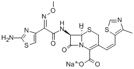 Structure of sodium (6R,7R)-7-[[(2Z)-2-(2-amino-1,3-thiazol-4-yl)-2-methoxyimino-acetyl]amino]-3-[(E)-2-(4-methyl-1,3-thiazol-5-yl)ethenyl]-8-oxo-5-thia-1-azabicyclo[4.2.0]oct-2-ene-2-carboxylic acid