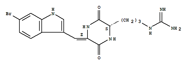 Structure of 2-(3-{(5E)-5-[(6-bromo-1H-indol-3-yl)methylidene]-3,6-dioxopiperazin-2-yl}propyl)guanidine