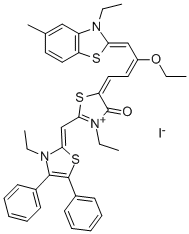 Structure of 5-[3-ETHOXY-4-(3-ETHYL-5-METHYL-2(3H)-BENZOTHIAZOLYLIDENE)-2-BUTENYLIDENE]-3-ETHYL-2-[(3-ETHYL-4,5-DIPHENYL-2(3H)-THIAZOLYLIDENE)METHYL]-4,5-DIHYDRO-4-OXOTHIAZOLIUM IODIDE