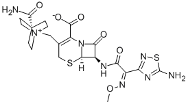 Structure of (+)-1-(((6R,7R)-7-(2-(5-Amino-1,2,4-thiadiazol-3-yl)glyoxylamido)-2-carboxy-8-oxo-5-thia-1-azabicyclo(4.2.0)oct-2-en-3-yl)methyl)-4-carbamoylquinuclidinium hydroxide, inner salt, 7(sup 2)-(Z)-(o-methyloxime)