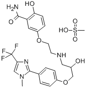 Structure of 1-[2-((3-CARBAMOYL-4-HYDROXY)PHENOXY)ETHYLAMINO]-3-[4-(1-METHYL-4-TRIFLUOROMETHYL-2-IMIDAZOLYL)PHENOXY]-2-PROPANOL DIHYDROCHLORIDE