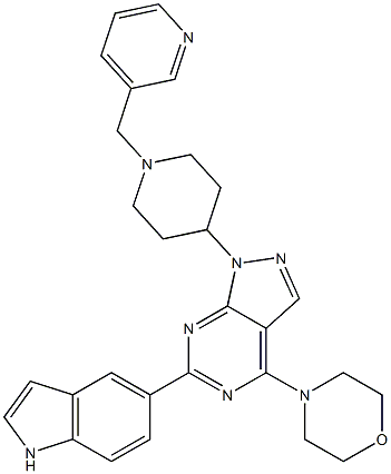 6-(1H-吲哚-5-基)-4-(4-吗啉基)-1-[1-(3-吡啶基甲基)-4-哌啶基]-1H-吡唑并[3,4-D]嘧啶结构式