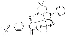 Structure of 1H-Indole-2,4-dione, 3-[2,5-dihydro-3-methyl-5-oxo-1-[4-(trifluoromethoxy)phenyl]-1H-pyrazol-4-yl]-3,5,6,7-tetrahydro-6,6-dimethyl-1-phenyl-3-(trifluoromethyl)-
