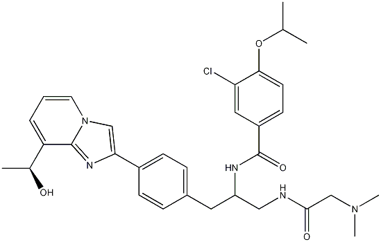 3-氯-n-((s)-1-(2-(二甲基氨基)乙酰氨基)-3-(4-(8-((s)-1-羟基乙基)咪唑并[1,2-a]吡啶-2-基)苯基)丙烷-2-基)-4-异丙氧基苯甲酰胺结构式