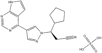 Structure of (betaR)-beta-Cyclopentyl-4-(7H-pyrrolo[2,3-d]pyrimidin-4-yl)-1H-pyrazole-1-propanenitrile sulfate