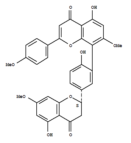 Structure of 4H-1-Benzopyran-4-one,2,3-dihydro-5-hydroxy-2-[4-hydroxy-3-[5-hydroxy-7-methoxy-2-(4-methoxyphenyl)-4-oxo-4H-1-benzopyran-8-yl]phenyl]-7-methoxy-,(S)-