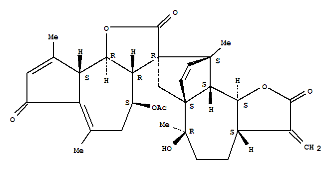 Structure of Spiro[azuleno[4,5-b]furan-3(2H),10'-[4H-6a,9]ethanoazuleno[4,5-b]furan]-2,2',7(3'H,3aH)-trione,4-(acetyloxy)-3'a,4,5,5',6',9',9a,9'a,9b,9'b-decahydro-6'-hydroxy-6,6',9,9'-tetramethyl-3'-methylene-,[3'aS-[3'aa,6'a,6'ab,9'b,9'aa,9'bb,10'S*(3aS*,4R*,9aR*,9bS