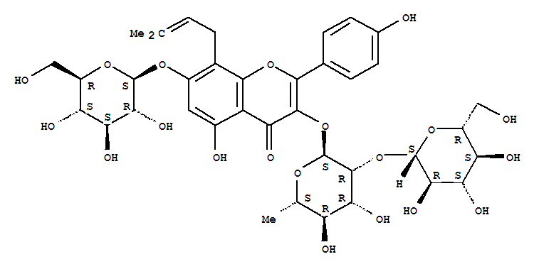 5-hydroxy-2-(4-hydroxyphenyl)-8-(3-methylbut-2-en-1-yl)-4-oxo-7-{[(1R,2R,3S,4R,5R)-2,3,4-trihydroxy-5-(hydroxymethyl)cyclohexyl]oxy}-4H-chromen-3-yl 6-deoxy-2-O-beta-D-glucopyranosyl-alpha-L-mannopyranoside结构式