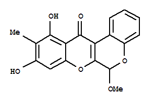 9,11-Dihydroxy-6-methoxy-10-methyl[1]benzopyrano[3,4-b][1]benzopyran-12(6H)-one结构式