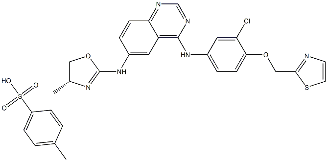 N4-[3-chloro-4-(2-thiazolylmethoxy)phenyl]-N6-[(4R)-4,5-dihydro-4-methyl-2-oxazolyl]-4,6-Quinazolinediamine bis(4-methylbenzenesulfonate)结构式