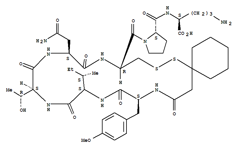 Chemical structure of vasotocin, desGly(NH2)(9)d(CH2)5-Tyr(Me)(2)-Thr(4)-Orn(8)-