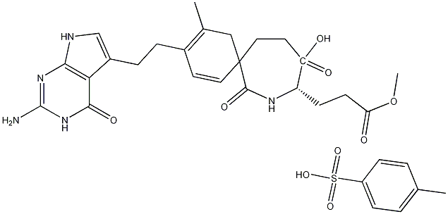 Structure of N-[4-[2-(2-Amino-4,7-dihydro-4-oxo-3H-pyrrolo[2,3-d]pyrimidin-5-yl)ethyl]benzoyl]-L-glutamic acid 1,1'-(1,2-ethanediyl) 5,5'-dimethyl ester 4-methylbenzenesulfonate