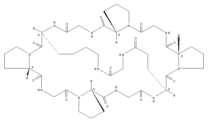 Structure of cyclo(lysyl-prolyl-glycyl-prolyl-glycyl-glutamyl-prolyl-glycyl-prolyl-glycyl)cyclo(1epsilon-6-gamma)glycine