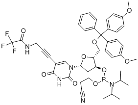 Structure of (2R,3S,5R)-2-((BIS(4-METHOXYPHENYL)(PHENYL)METHOXY)METHYL)-5-(2,4-DIOXO-5-(3-(2,2,2-TRIFLUOROACETAMIDO)PROP-1-YNYL)-3,4-DIHYDROPYRIMIDIN-1(2H)-YL)TETRAHYDROFURAN-3-YL 2-CYANOETHYL DIISOPROPYLPHOSPHORAMIDITE