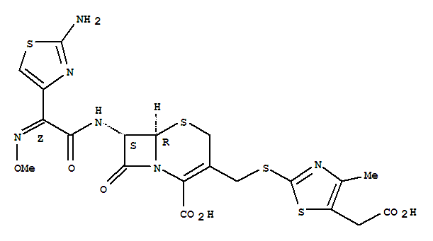 Structure of 5-Thia-1-azabicyclo[4.2.0]oct-2-ene-2-carboxylic acid, 7-[[(2-amino-4-thiazolyl)(methoxyimino)acetyl]amino]-3-[[[5-(carboxymethyl)-4-methyl-2-thiazolyl]thio]methyl]-8-oxo-, [6R-[6α,7α(Z)]]-