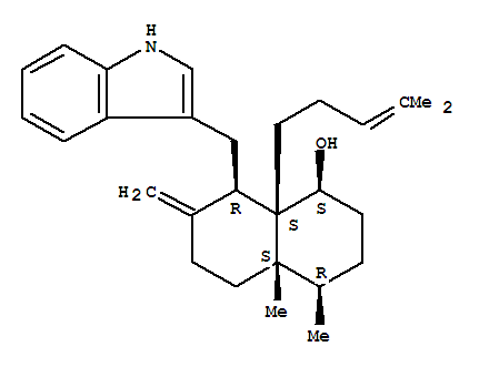 Chemical structure of 1-Naphthalenol,decahydro-8-(1H-indol-3-ylmethyl)-4,4a-dimethyl-7-methylene-8a-(4-methyl-3-penten-1-yl)-,(1S,4R,4aS,8R,8aS)-