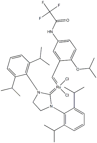 Structure of [1,3-Bis(2,6-diisopropylphenyl)-2-imidazolidinylidene](dichloro){ 2-isopropoxy-5-[(trifluoroacetyl)amino]benzylidene}ruthenium