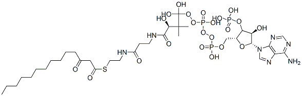 Structure of [(2R,3S,4R,5R)-5-(6-aminopurin-9-yl)-4-hydroxy-2-[[hydroxy-[hydroxy-[(3R)-3-hydroxy-2,2-dimethyl-3-[2-[2-(3-oxotetradecanoylsulfanyl)ethylcarbamoyl]ethylcarbamoyl]propoxy]phosphoryl]oxy-phosphoryl]oxymethyl]oxolan-3-yl]oxyphosphonic acid