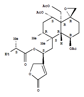 Structure of Butanoicacid, 2-methyl-,2-[4,8-bis(acetyloxy)-8a-[(acetyloxy)methyl]octahydro-5,6-dimethylspiro[naphthalene-1(2H),2'-oxiran]-5-yl]-1-(2,5-dihydro-5-oxo-3-furanyl)ethylester, [1R-[1a,4b,4ab,5b[S*(S*)],6a,8a,8aa]]-