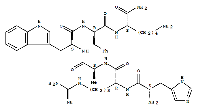 L-组氨酰-D-精氨酰-L-丙氨酰-L-色氨酰-D-苯丙氨酰-L-赖氨酰胺结构式