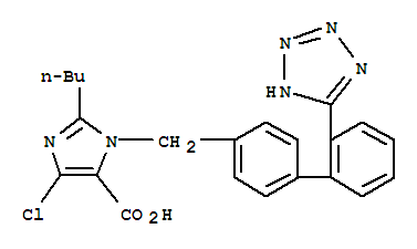 Structure of 2-BUTYL-4-CHLORO-1-[(2-(1-H-TETRAZOL-5-YL)[1,1-BIPHENYL]-4-YL)METHYL]-1-H-IMIDAZOLE-5-CARBOXYLIC ACID