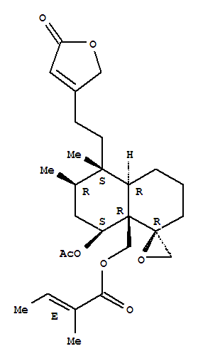 Structure of {(4aR,5S,6R,8S,8aR)-8-(acetyloxy)-5,6-dimethyl-5-[2-(5-oxo-2,5-dihydrofuran-3-yl)ethyl]octahydro-8aH-spiro[naphthalene-1,2'-oxiran]-8a-yl}methyl (2E)-2-methylbut-2-enoate