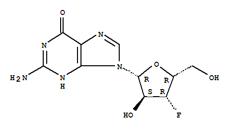 6H-Purin-6-one, 2-amino-9-(3-deoxy-3-fluoro-.beta.-D-xylofuranosyl)-1,9-dihydro-结构式