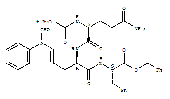 N(alpha)-(N(alpha)-(N(alpha)-(tert-butyloxycarbonyl)glutaminyl)-N(1)-formyl-tryptophyl)phenylalanine benzyl ester结构式