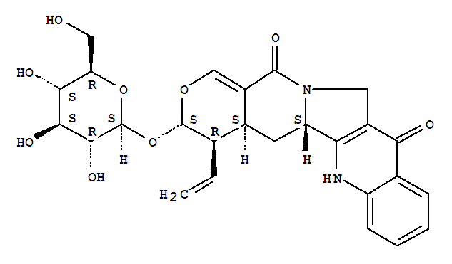 Structure of 14H-Pyrano[3',4':6,7]indolizino[1,2-b]quinoline-11,14(3H)-dione,4-ethenyl-3-(b-D-glucopyranosyloxy)-4,4a,5,5a,6,12-hexahydro-,[3S-(3a,4b,4aa,5ab)]-