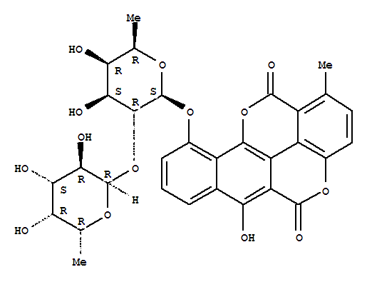 Structure of Benzo(h)(1)benzopyrano(5,4,3-cde)(1)benzopyran-5,12-dione, 10-((6-deox y-2-O-(6-deoxy-alpha-D-galactopyranosyl)-beta-D-galactopyranosyl)oxy)- 6-hydroxy-1-methyl-