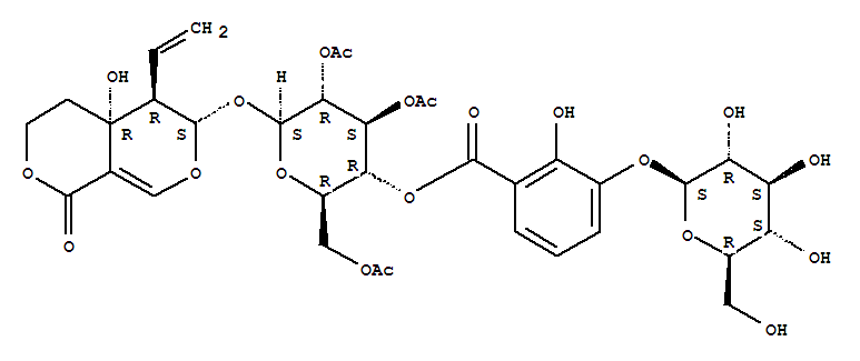 Structure of Benzoicacid, 3-(b-D-glucopyranosyloxy)-2-hydroxy-,4'-ester with 5-ethenyl-4,4a,5,6-tetrahydro-4a-hydroxy-6-[(2,3,6-tri-O-acetyl-b-D-glucopyranosyl)oxy]-1H,3H-pyrano[3,4-c]pyran-1-one,[4aR-(4aa,5b,6a)]-