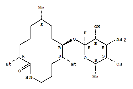 Structure of (3S,7R,10R,11R)-10-[(2R,3R,4R,5R,6S)-4-Amino-3,5-dihydroxy-6-methyl-oxan-2-yl]oxy -3,11-diethyl-7 -methyl-1-azacyclotetradecan-2-one