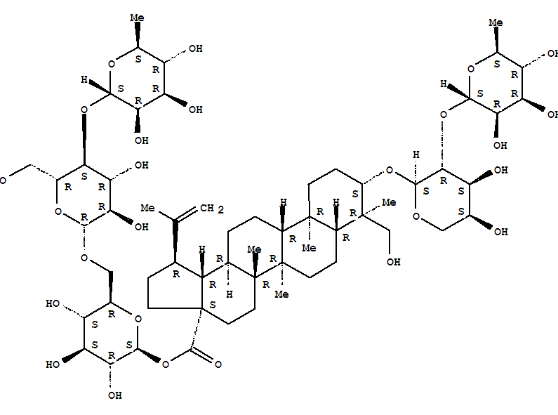 Structure of Lup-20(29)-en-28-oicacid, 3-[[2-O-(6-deoxy-a-L-mannopyranosyl)-a-L-arabinopyranosyl]oxy]-23-hydroxy-, O-6-deoxy-a-L-mannopyranosyl-(1®4)-O-b-D-glucopyranosyl-(1®6)-b-D-glucopyranosyl ester, (3b,4a)-