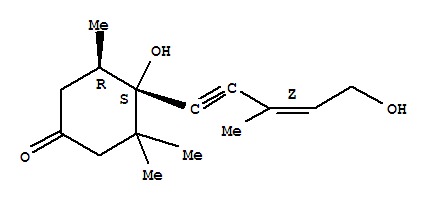 Structure of Cyclohexanone,4-hydroxy-4-(5-hydroxy-3-methyl-3-penten-1-ynyl)-3,3,5-trimethyl-, [4S-[4a,4(Z),5b]]-