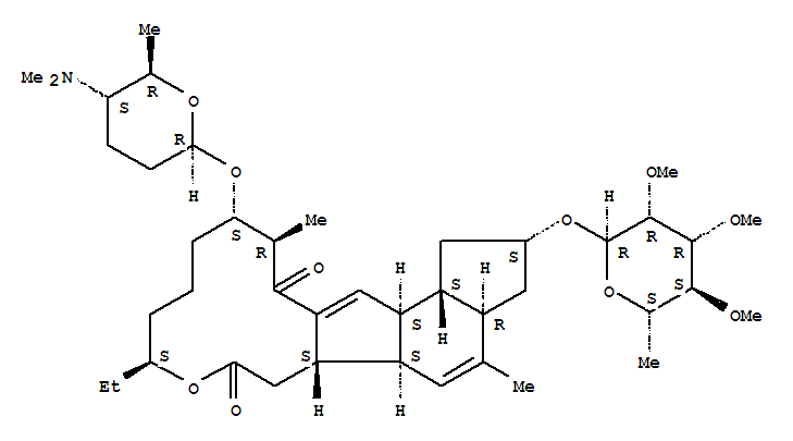 Structure of 1H-as-Indaceno3,2-doxacyclododecin-7,15-dione, 2-(6-deoxy-2,3,4-tri-O-methyl-.alpha.-L-mannopyranosyl)oxy-13-(2R,5S,6R)-5-(dimethylamino)tetrahydro-6-methyl-2H-pyran-2-yloxy-9-ethyl-2,3,3a,5a,5b,6,9,10,11,12,13,14,16a,16b-tetradecahydro-4,14-dimethyl-, (2