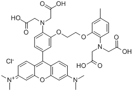 1-[2-AMINO-5-(3-DIMETHYLAMINO-6-DIMETHYL-AMMONIO-9-XANTHENYL)PHENOXY]-2-(2-AMINO-5-METHYLPHENOXY)-ETHANE-N,N,N,N-TETRAACETIC ACID CHLORIDE结构式