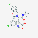 Structure of 1H-​Indole-​2-​carboxylic acid, 6-​chloro-​3-​[1-​[[(4-​chlorophenyl)​methyl]​formylamino]​-​2-​[(1,​1-​dimethylethyl)​amino]​-​2-​oxoethyl]​-​, ethyl ester