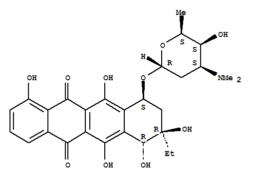 (7R)-8-Ethyl-7,8,9,10-tetrahydro-1,6,7,8α,11-pentahydroxy-10α-[(3-dimethylamino-2,3,6-trideoxy-α-L-lyxo-hexopyranosyl)oxy]-5,12-naphthacenedione结构式