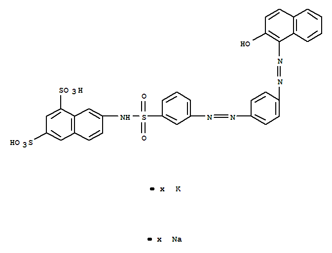 Structure of 1,3-Naphthalenedisulfonic acid, 7-3-4-(2-hydroxy-1-naphthalenyl)azophenylazophenylsulfonylamino-, potassium sodium salt