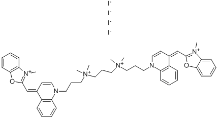 Structure of 2-([1-(3-[[3-(DIMETHYL(3-[4-[(E)-(3-METHYL-1,3-BENZOXAZOL-3-IUM-2-YL)METHYLIDENE]-1(4H)-QUINOLINYL]PROPYL)AMMONIO)PROPYL](DIMETHYL)AMMONIO]PROPYL)-4(1H)-QUINOLINYLIDENE]METHYL)-3-METHYL-1,3-BENZOXAZOL-3-IUM TETRAIODIDE