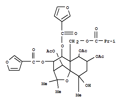 Structure of 3-Furancarboxylic acid,3,3'-[(3R,4R,5R,5aS,6R,7S,9S,9aS,10R)-6,7,10-tris(acetyloxy)octahydro-9-hydroxy-2,2,9-trimethyl-5a-[(2-methyl-1-oxopropoxy)methyl]-2H-3,9a-methano-1-benzoxepin-4,5-diyl]ester